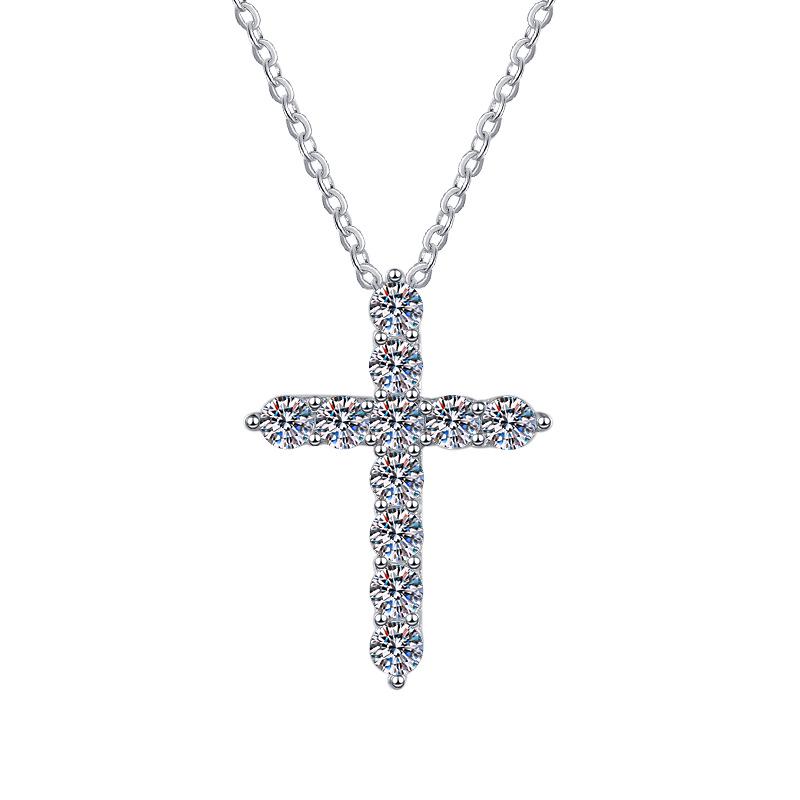 Women's Retro Moissanite Cross Pendant Necklace, S925 Sterling Silver Clavicle Chain