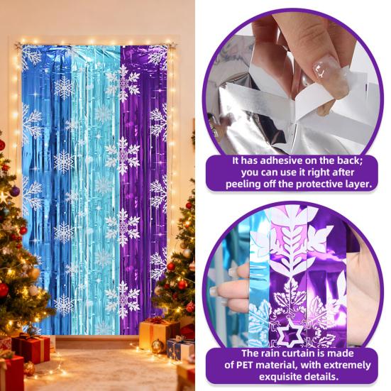 Snowflake Foil Fringe Curtains Metallic Silver Blue Snowflake Tinsel Streamer Photo Backdrop for Christmas Winter Wonderland Freeze Party Decoration