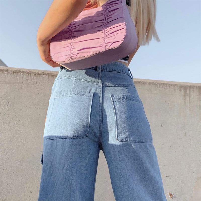 Lässige Streetwear Denim Jeans Damen Patchwork Weites Bein Mom Jeans Große Tasche Cargohose Vintage Hose Übergröße