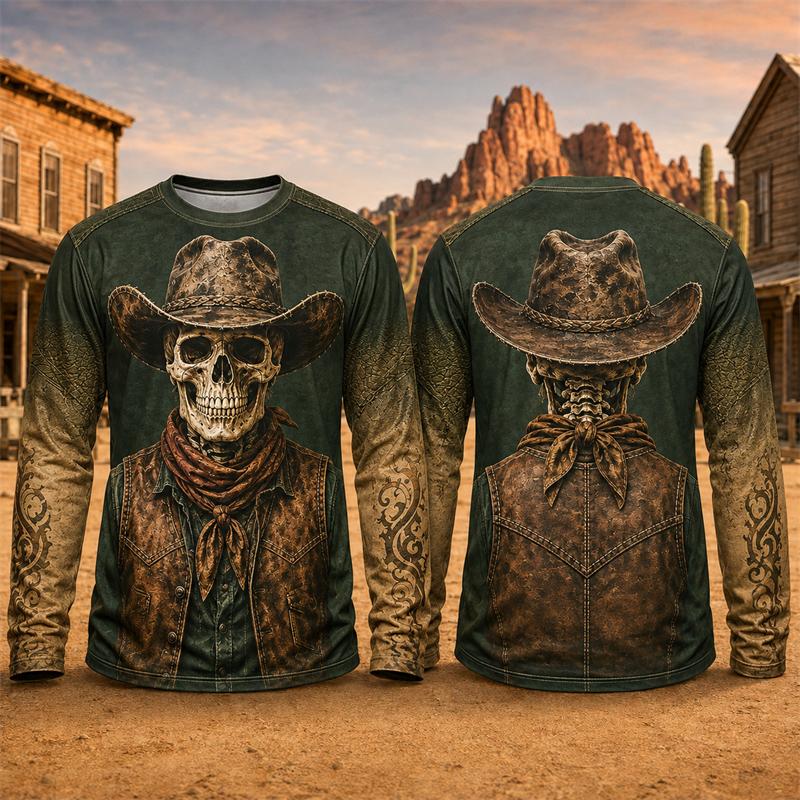 Halloween Novelty Long Sleeve T Shirt Men 3D Print Retro Cowboy Skeleton Graphic Tee Fashion Party Daily Street Casual New Top