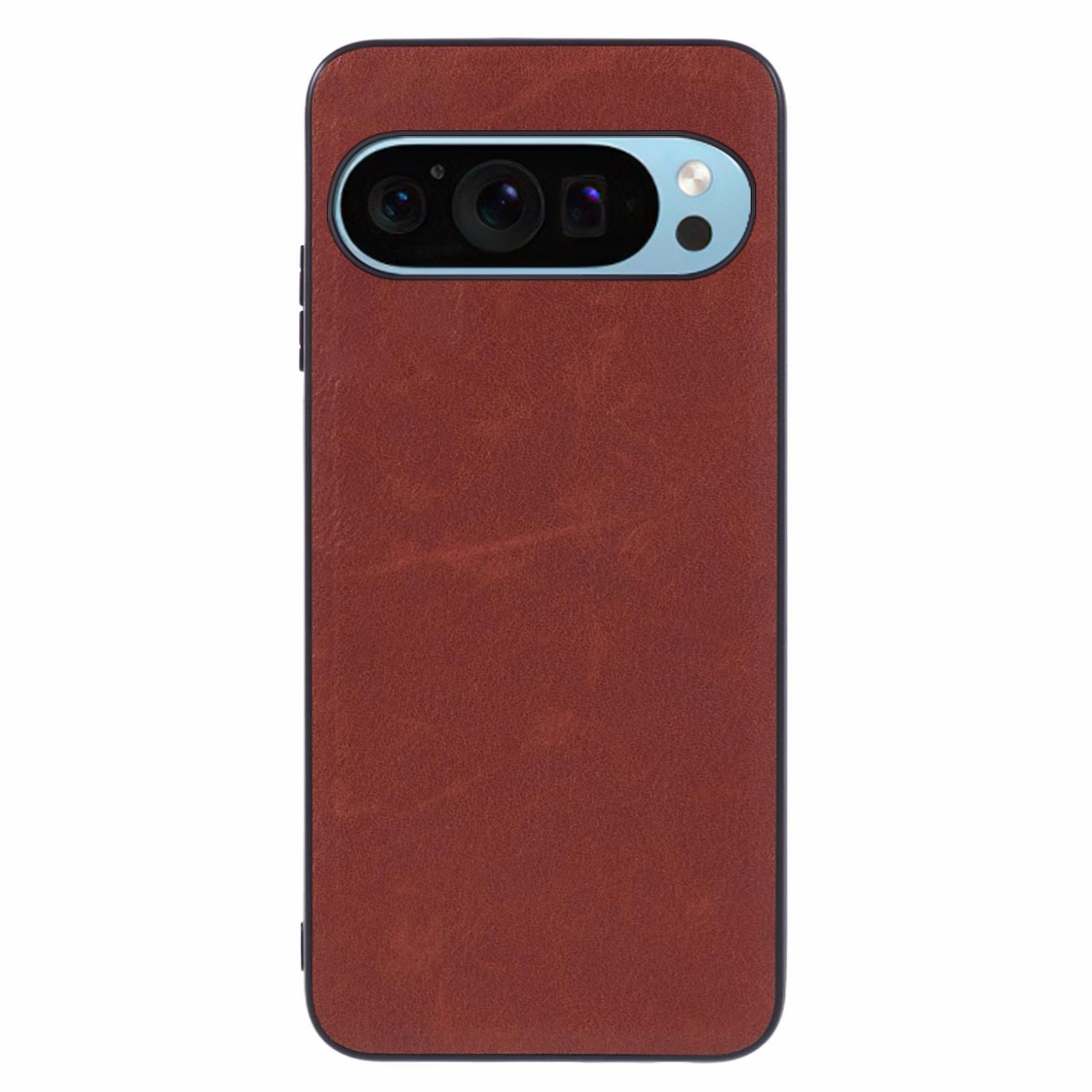 

For Google Pixel 9/9 Pro Case Retro Leather Coated PC+TPU Phone Cover Brown