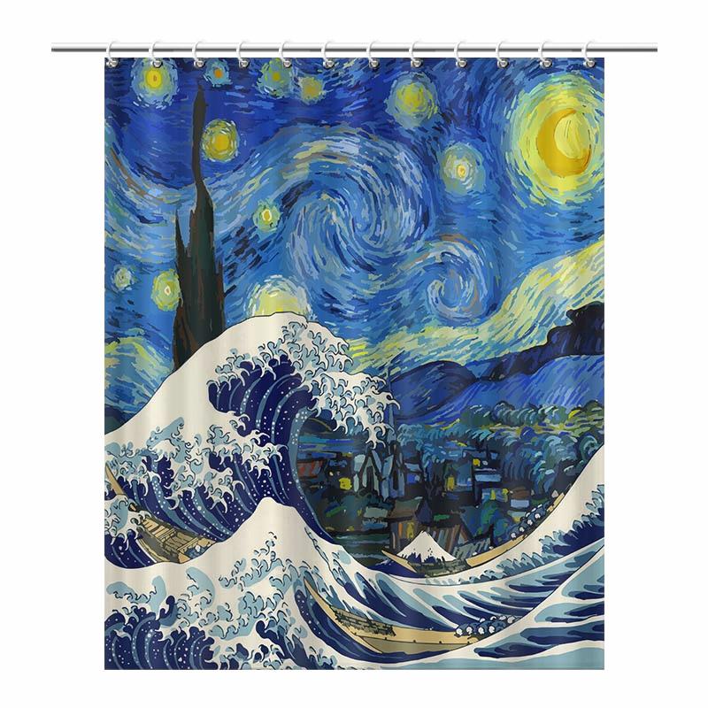 Luxury Japanese Ukiyoe Van Gogh Starry Sky Shower Curtain for Bathroom Window Waterproof Fabric Polyester with Hooks Accessories
