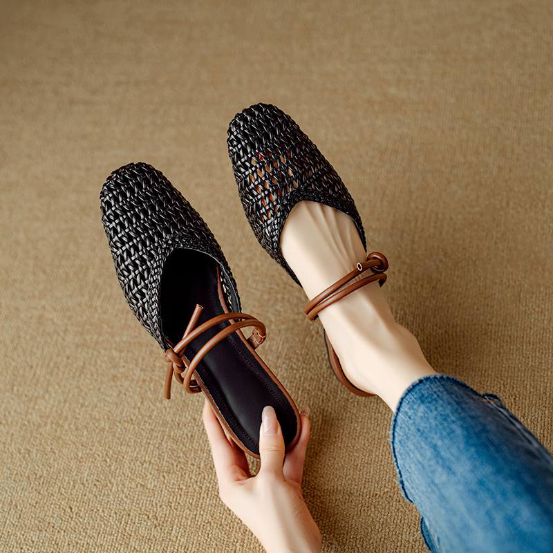 Krazing Pot Microfiber Mules Weaving Summer Size 41 Low Heels Slingback Party Shoes Women Square Toe Gladiator Hollow Out Pumps