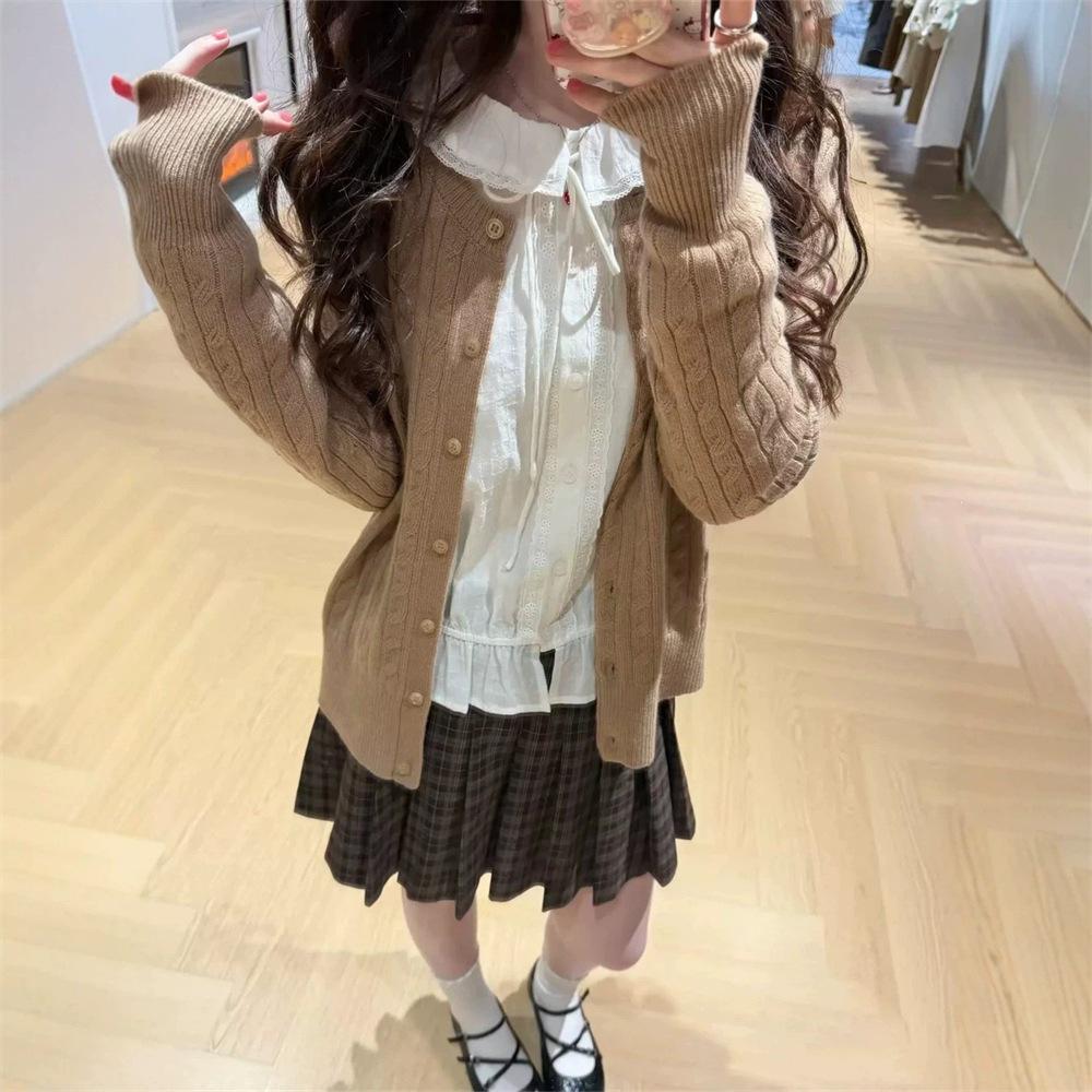Koreanischer Retro-Zopfmuster-Strickjacke - Damen Frühherbst Lockerer Pullover-Mantel