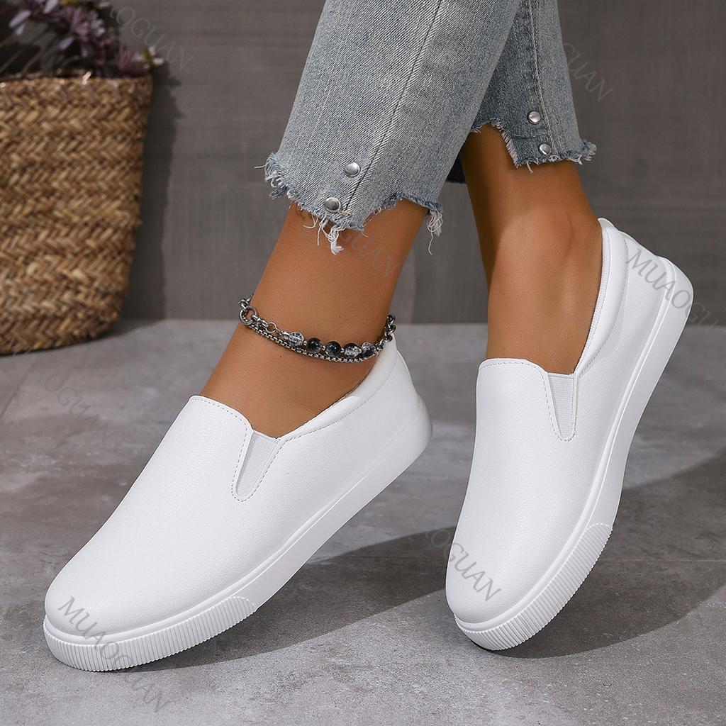 New White Lightweight Flat Bottom Leather Single Shoes for Women Casual Slip on Students Fashion Board Tenis Feminino Large Size