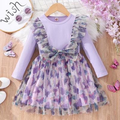 Girls Fashion Long-sleeved Butterfly Mesh Dress Spring Summer Casual Dress for Children