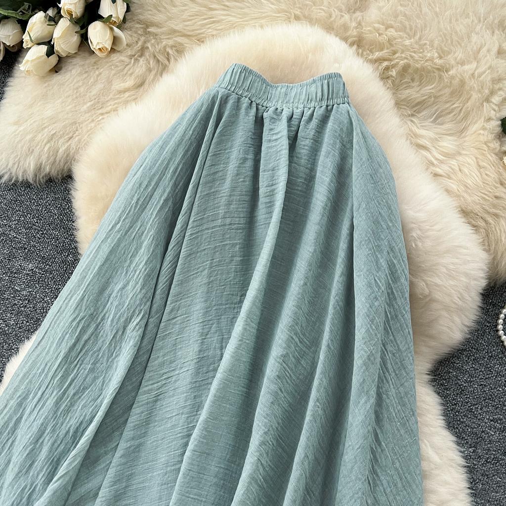 Summer Women Chic Cotton Linen Solid Elastic Waist Long Maxi Skirt