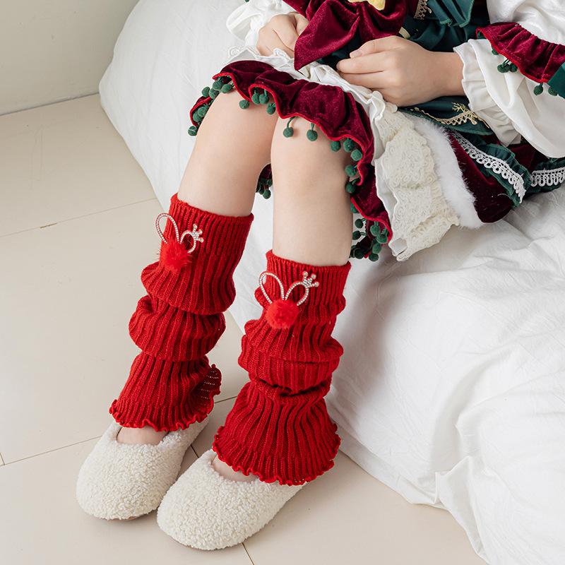 Rote Weihnachts-Beinstulpen für Mädchen, Verdickte Wadenlange Socken für Kinder