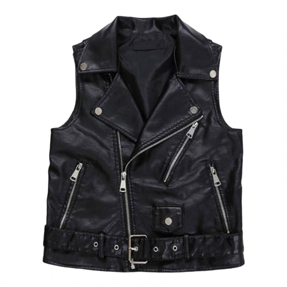 Belt Decor Vest Coat Retro Motorcycle Waistcoat with Zipper Pockets Belt Decor for Women Faux Leather Vest Coat for Commuting