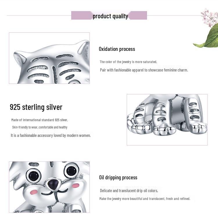 Yinziyun S925 Silver Little Tiger Bead - DIY Cute Animal Bracelet Charm SCC1573