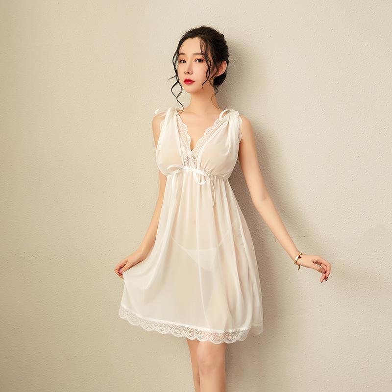 Sex Nightgown Pajamas V-neck Sleeveless Sexy Lace See-through Pajamas Seductive