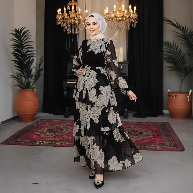 Large Size Women's Evening Dress Turkish Dress Printed Splicing Cake Dress Chiffon Dress