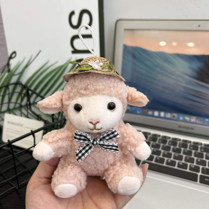 Cute Soft Plush Sheep Keychain Fluffy Straw Hat Plaid Bow 1Pcs Portable Key Ornament for Travel Backpack Decor