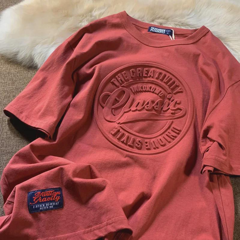 

Мужская футболка с коротким рукавом из хлопка с 3D-принтом в стиле ретро — модный нейтральный дизайн Large кирпич красный