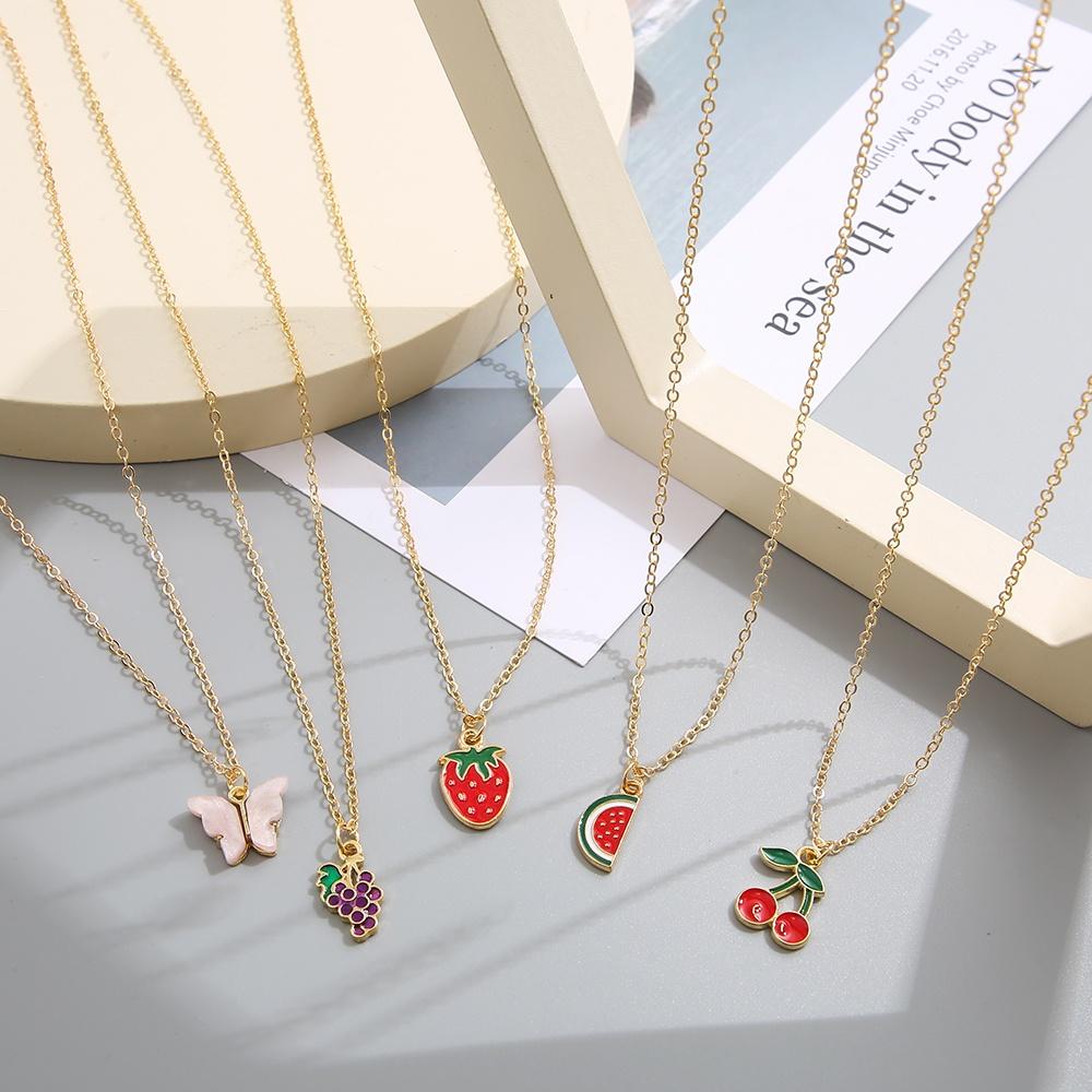 iF ME 5 bucăți/set pandantiv drăguț cu fructe, pepene verde, căpșuni, struguri?Colier Butterfly Gold Chain Choker pentru Femei Accesorii Bijuterii