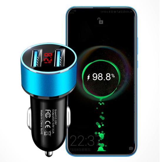 3.1A Car Charger Dual USB Port Quick Charging Aluminum Alloy LCD Display Mobile