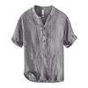 Camicie da uomo in lino beige a maniche corte con colletto alla coreana, maniche arrotolabili, placket Henley
