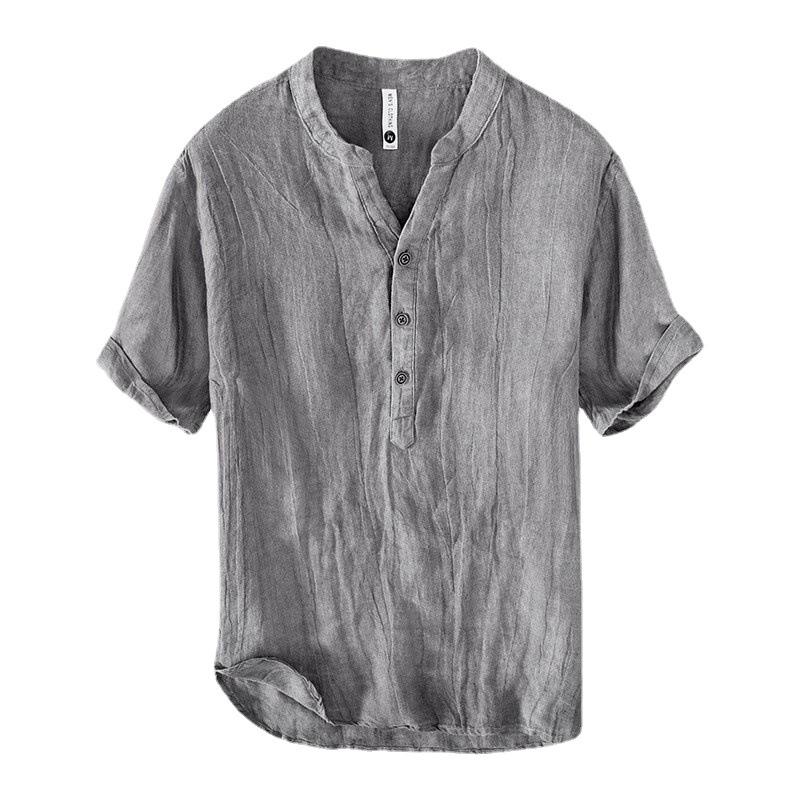 Camicie da uomo in lino beige a maniche corte con colletto alla coreana, maniche arrotolabili, placket Henley
