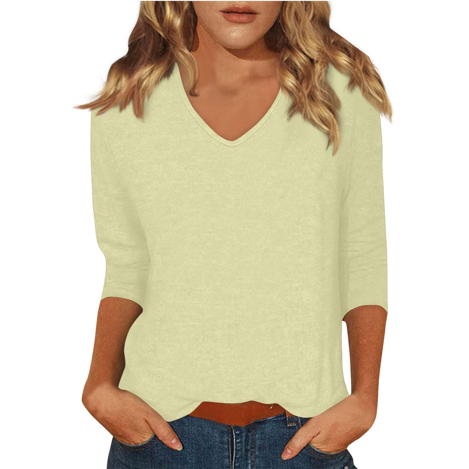 

Жіноча модна повсякденна однотонна футболка з V-подібним вирізом і рукавом 3/4 XXL бежевий