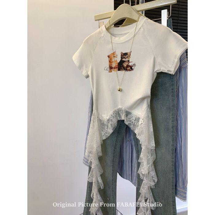 

Топ с нерегулярным кружевом и короткими рукавами - Летняя женская мода 2025 X-Large белый