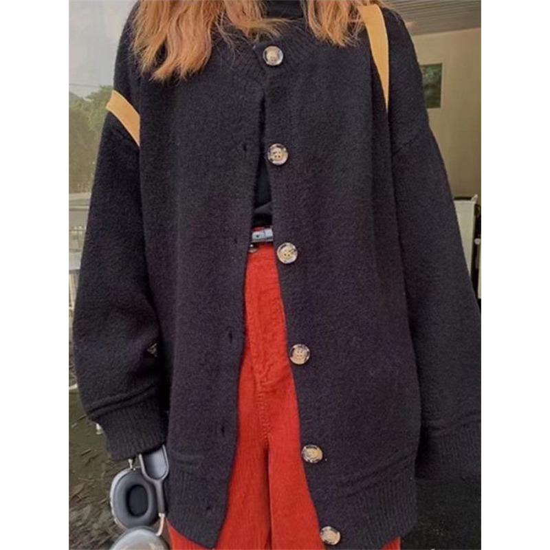 

Solid color simple and versatile sweater jacket women s autumn and winter new loose casual lazy knitted cardigan top trendy One Size чёрный