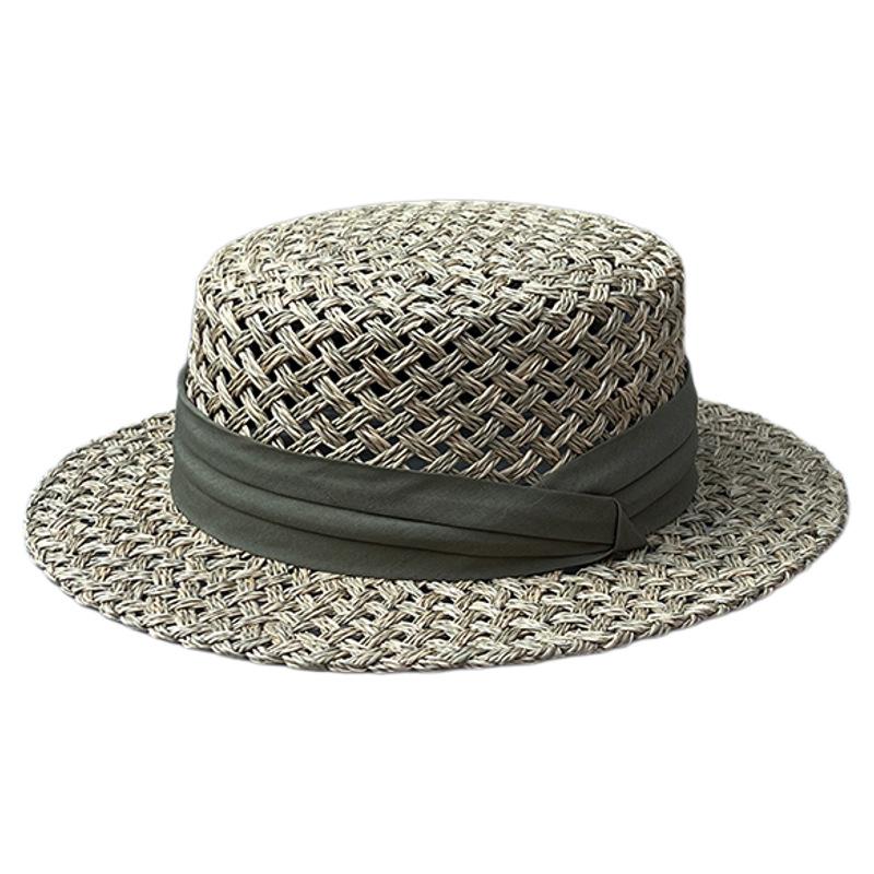 Summer Retro Salty Grass Woven Flat Top Wide Brim Top Hat Men'S And Women'S Sunshade Holiday Beach Straw Hat