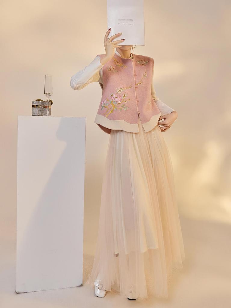 Winter 2026 Chinese Embroidery Lace-up Wool Coat & Vest Set