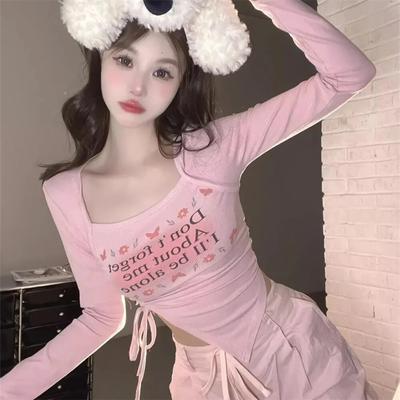 Pure Desire Hotsweet Spicy Girl Μοναδικό T-shirt με Κούφια Λαιμόκοψη Σέξι Club Tight Bandage Crop Top με Μακρυμάνικο T-shirt Γυναικείο Σχεδιασμός