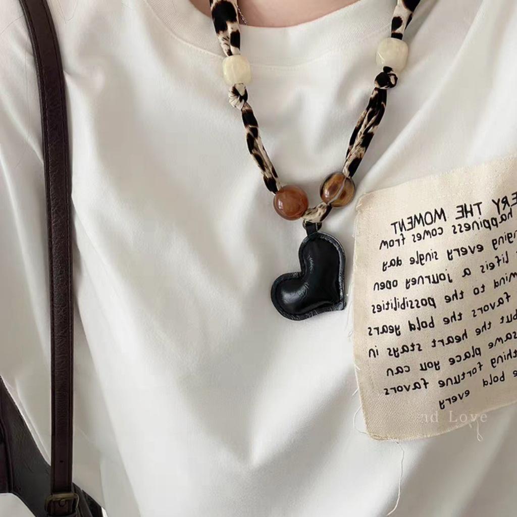 Leopard Print Beaded Silk Scarf Necklace with Cashew Flower and Wood Beads, Retro Style, Long Pull-Out Sweater Chain.