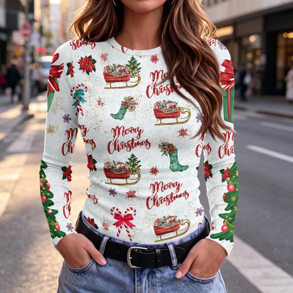 Women's Slim Fit Christmas Print Long Sleeve Neck T-Shirt for Holiday Casual Wear