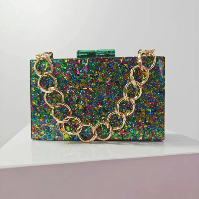 

Shoulder New Wedding Sequins Chain Bag Acrylic Banquet Crossbody Clutch Evening Pink Handbag Purses Square Luxury Designer Bags 18x11x4.5cm зелений