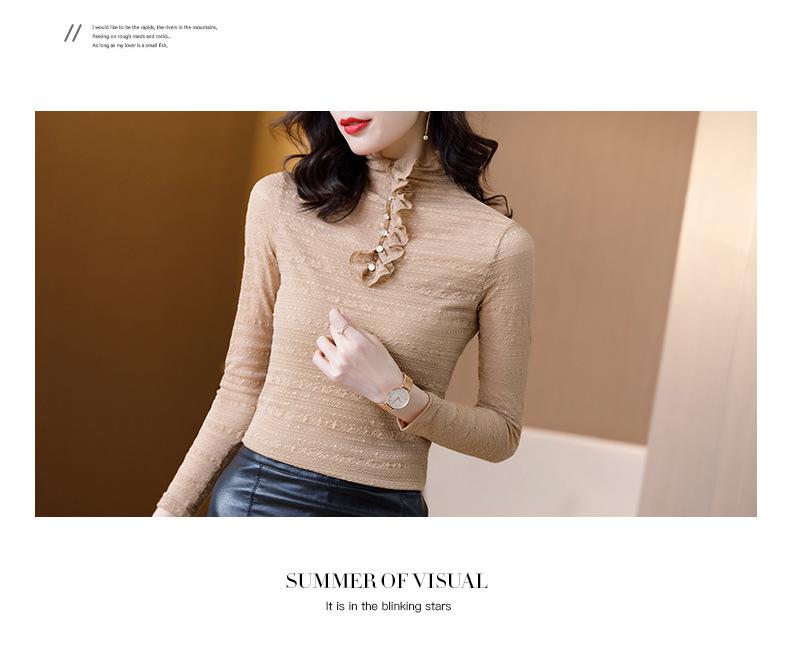 Aiyimaiyi 2023 Women's Autumn Mesh Lace Slim Fit Blouse with Half-High Collar
