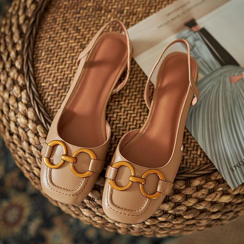 Baotou Back Empty Strap Sandals Women's Spring and Summer 2025 New Fashion Metal Buckle Low Thick Heel Square Head Single Shoes