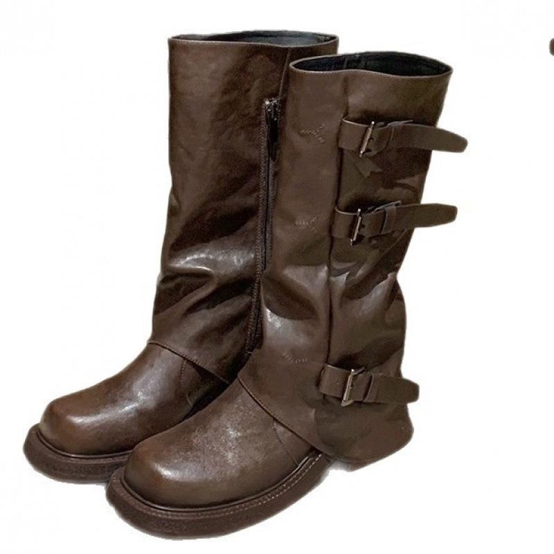 Height-increasing Belt Buckle Square Round Head Pleated Medium Tube Knight Boots Women's Western Pleated Stacked Pants Tube Boots