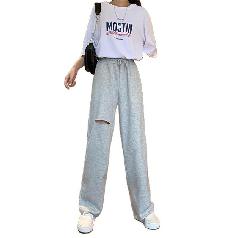 New Summer Loose Drawstring Ripped Wide-leg Trousers Solid Color Pants Loose Casual Trousers