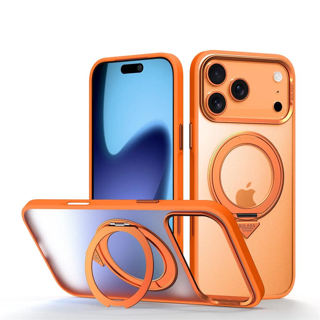 Magnetic Rotating Bracket Phone Case for IPhone 17 Pro Max 17 Air 17 Pro Frosted Transparent PC+TPU Ring Stand Back Cover
