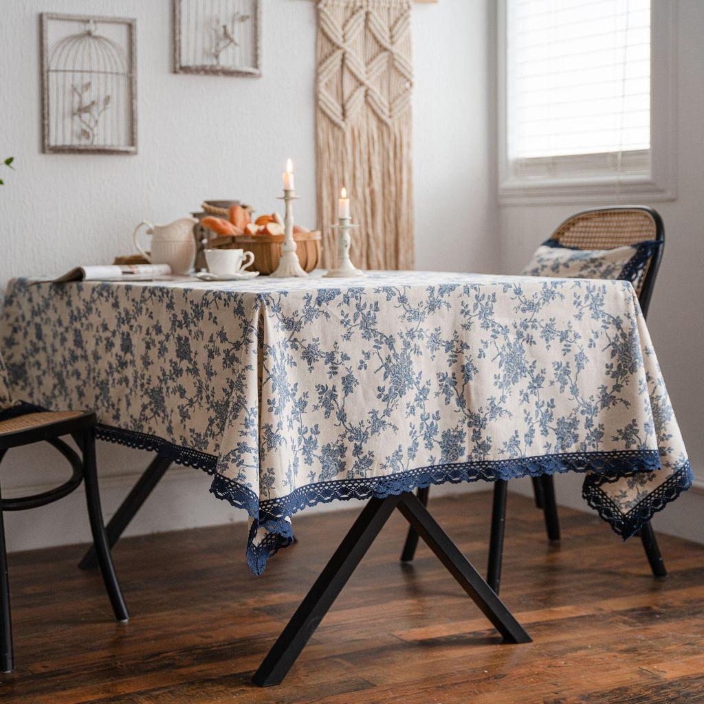 Imanqi Yiyun Blue Rose Pastoral Cotton Linen Tablecloth with Lace Edge