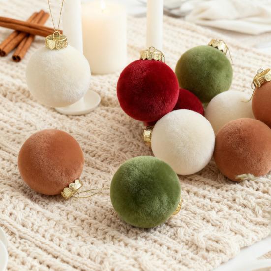 6Pcs Christmas Ball Ornaments Flocking Rustic Distressed Hanging Balls with Loop Farmhouse Xmas Decoration