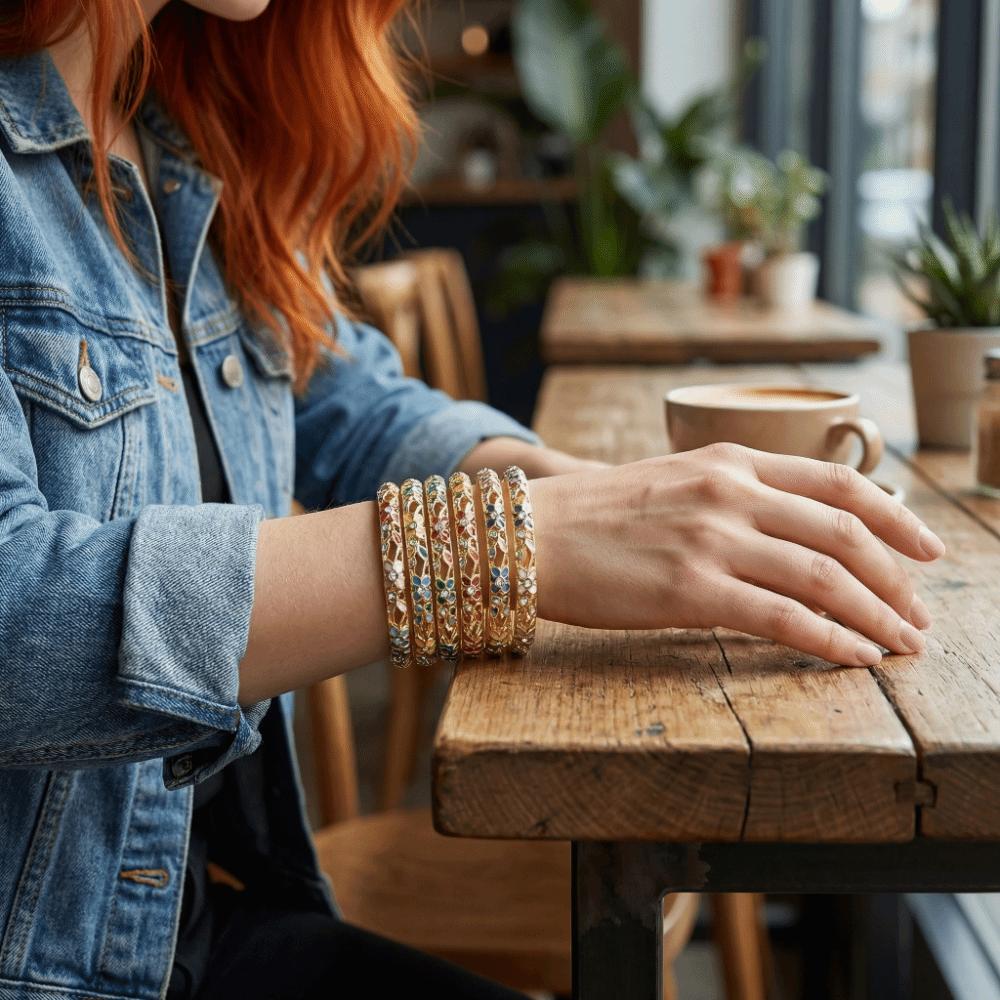 Colorful Vintage Cloisonne Bangle Enamel Women's Hand Bracelet Flower Crystal Bangle Ladies