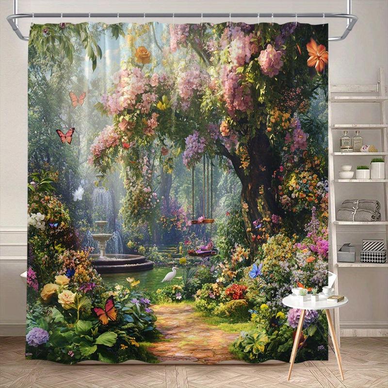 Enchanted Garden Print Waterproof Shower Curtain for Bathroom,Vibrant Floral &Butterfly Design High-End Toilet Partition Curtain W90XH180cm