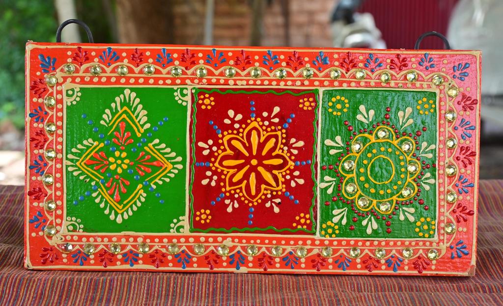 Hand Painted Indian Folk Art Wall Decor: Mirror Work Ethnic Panel