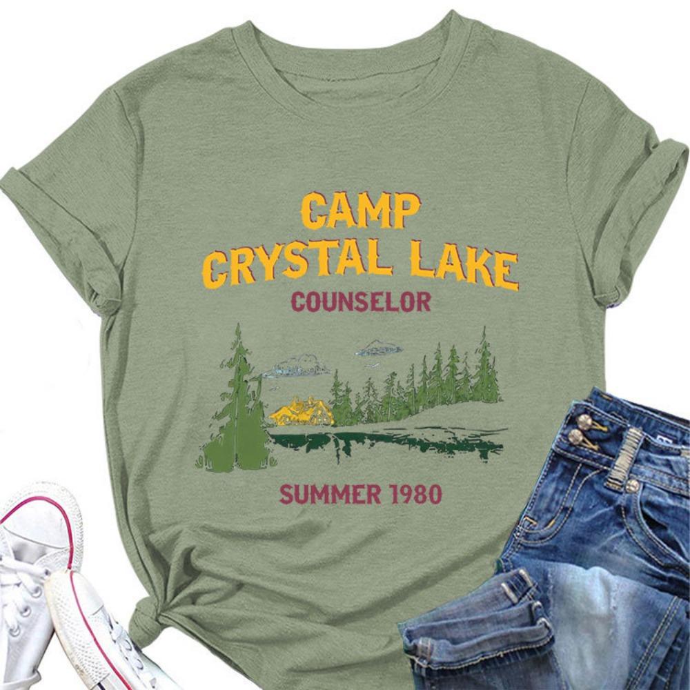 Summer New Women's Short Sleeved T-shirt Camp Crystal Lake Print Loose Round Neck Casual Top Paired with All Fashionable Clothing