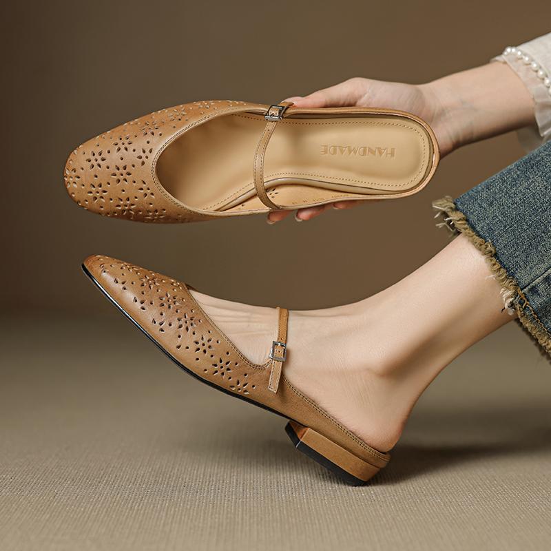 Fashion 2025 New Summer Women Mules Genuine Leather Shoes for Women Squared Toe Low Heel Shoes Cover Toe Slingback Slippers Modern