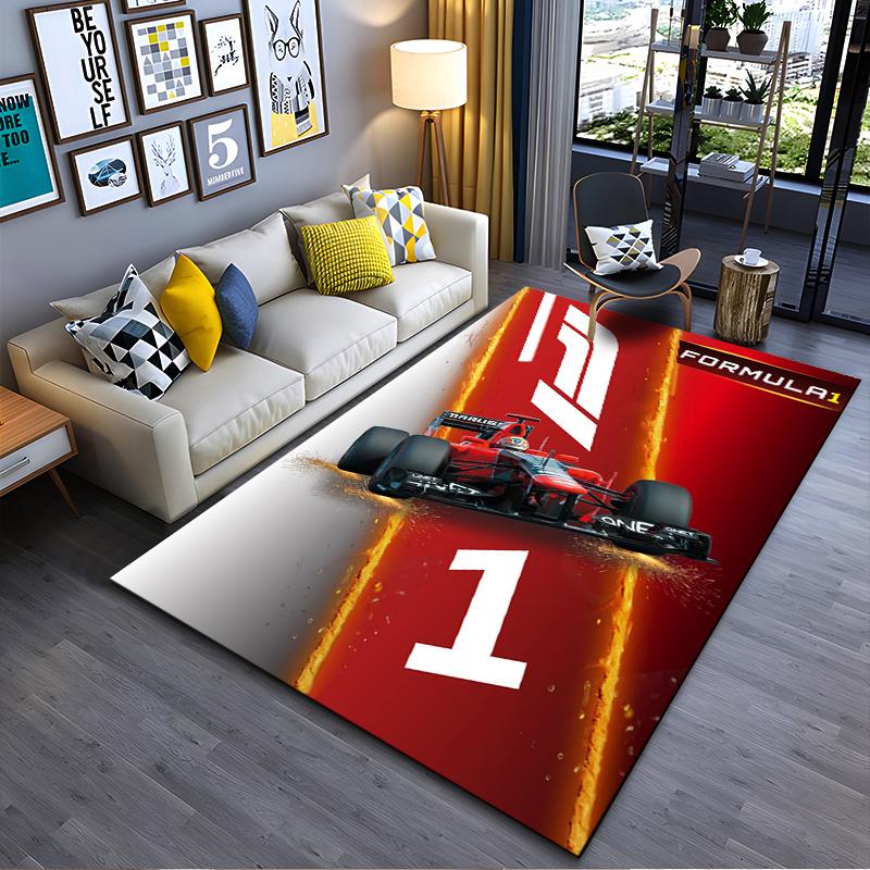 F1 Racing Area Rug, Formula 1 Red Race Car Fire Sparks Logo Print, Motorsport Fan Garage Decor, Non-Slip Mat