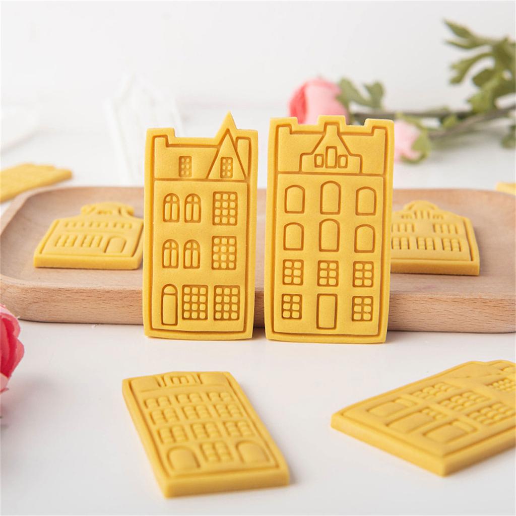 Cortadores de galletas con forma de casa vintage, sellos para galletas, moldes para repostería y fondant, cortadores de galletas de plástico, suministros para repostería de cocina