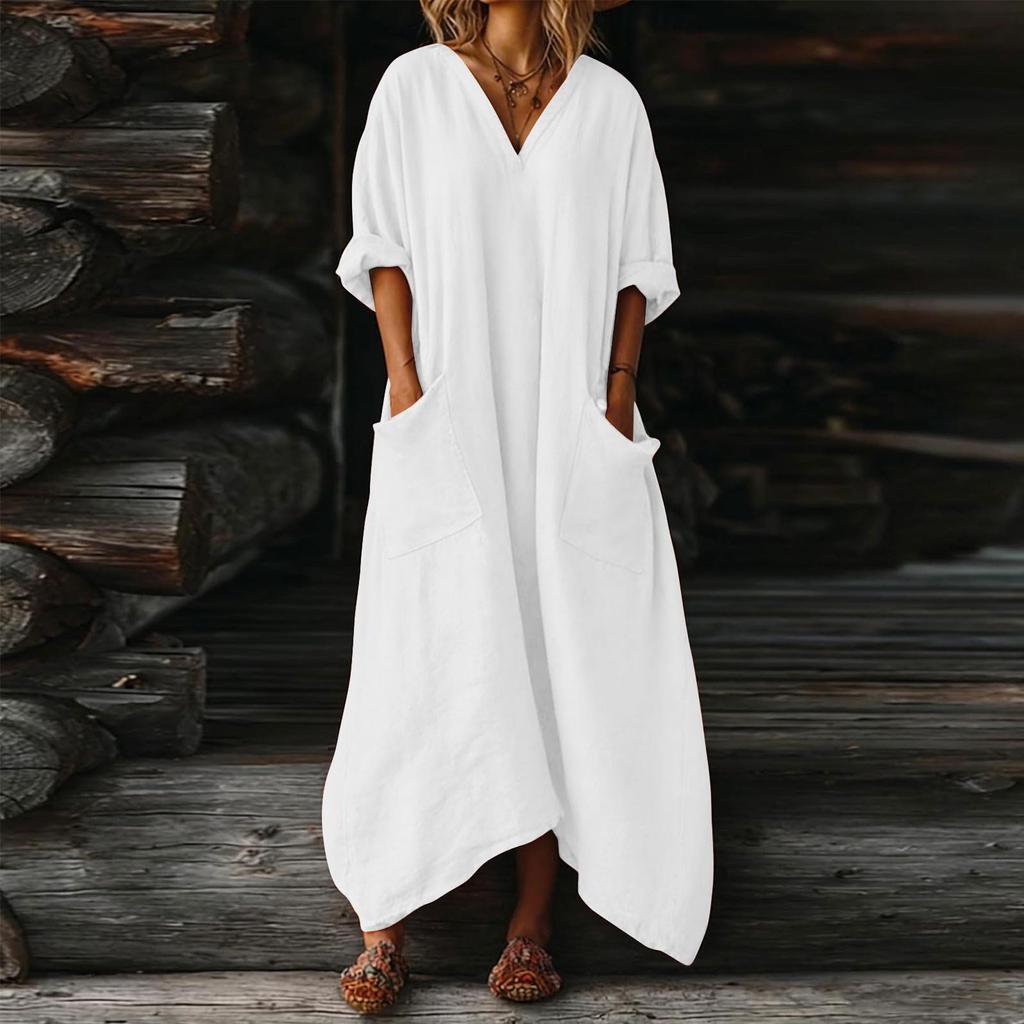 Women's Color V-neck 3/4 Sleeve Cotton Linen Loose Fitting Button Pocket Dress