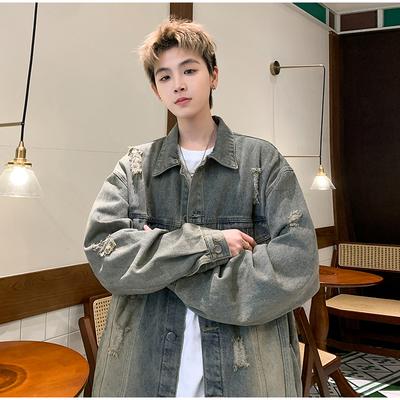 Washed Denim Jacket Men's Casual Spring Autumn High-End Style Hole Punching Outerwear Coat Male Model Loose Fit
