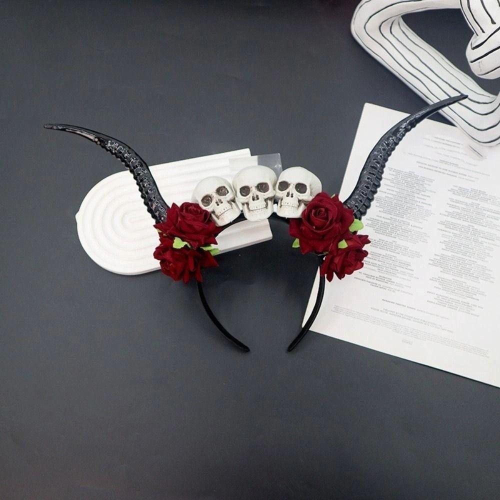 Skull Sheep Horn Hairband Halloween Red Rose Headband Flower Crown Ox Horns Headband  Cosplay