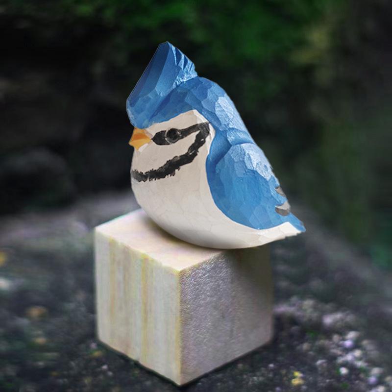 Hand-Carved Blue Cherry Blossom Bird: Solid Wood Ornament for Living Room or Office, Cute and Chubby Design