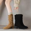 Krazing Pot Cow Suede Nubuck Winter Round Toe Modern Boots Med Heels Slip On Pleated Decoration Women Mid-calf Boots